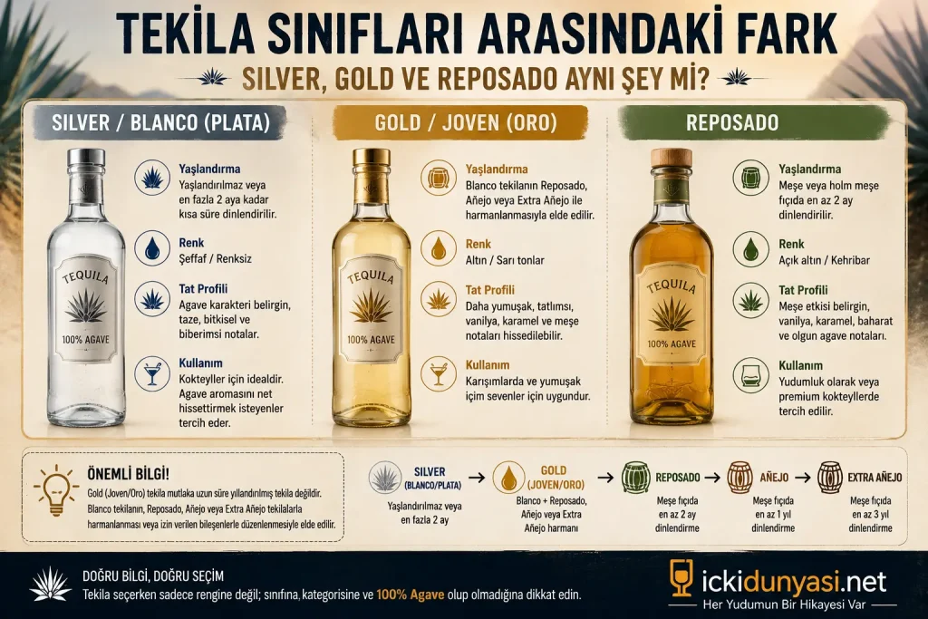 Silver Gold ve Reposado Tekila Farkı Silver Gold ve Reposado tekila arasındaki farklar