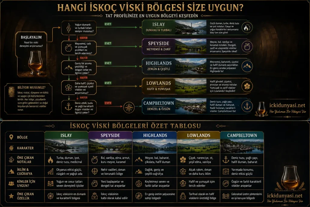Hangi İskoç Viski Bölgesi Size Uygun? Karar Rehberi (2026) Hangi İskoç viski bölgesinin size uygun olduğunu gösteren karar rehberi infografiği. Islay, Speyside, Highlands, Lowlands ve Campbeltown bölgelerinin karakteristik özellikleri ve kullanıcı profilleri karşılaştırılmaktadır.
