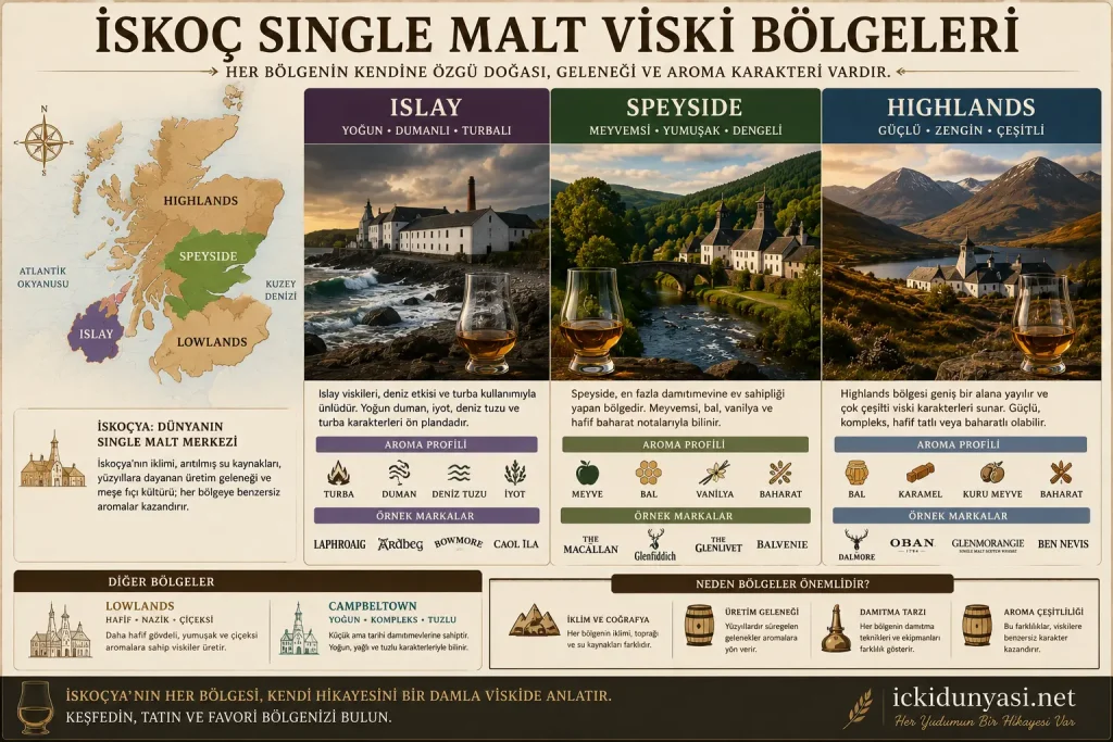 İskoç Single Malt Viski Bölgeleri Rehberi Islay, Speyside ve Highlands bölgelerini gösteren İskoç single malt viski haritası