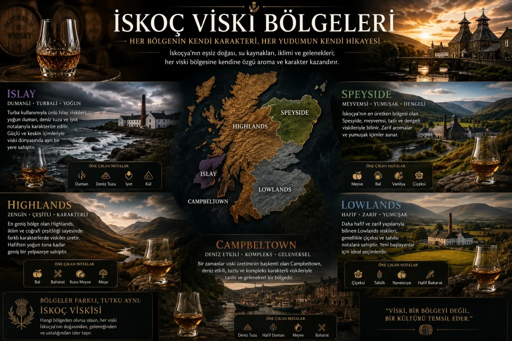 İskoç Viski Bölgeleri Rehberi | Islay, Speyside, Highlands ve Lowlands İskoç viski bölgeleri haritası, Islay, Speyside, Highlands, Lowlands ve Campbeltown bölgelerinin viski karakterlerini gösteren infografik