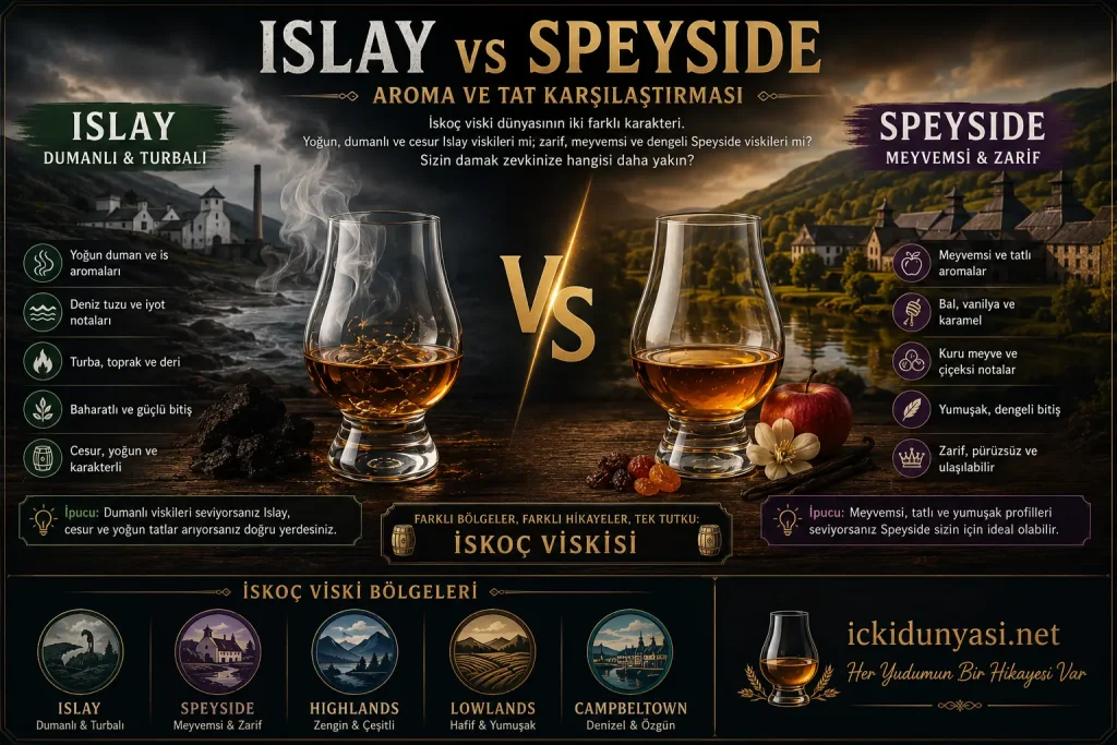 Islay vs Speyside: İskoç Viski Bölgeleri Aroma Karşılaştırması (2026) Islay ve Speyside viskileri arasındaki aroma ve tat farklarını gösteren karşılaştırmalı infografik. Dumanlı ve turbalı Islay viskileri ile meyvemsi ve zarif Speyside viskileri görsel olarak karşılaştırılmaktadır.