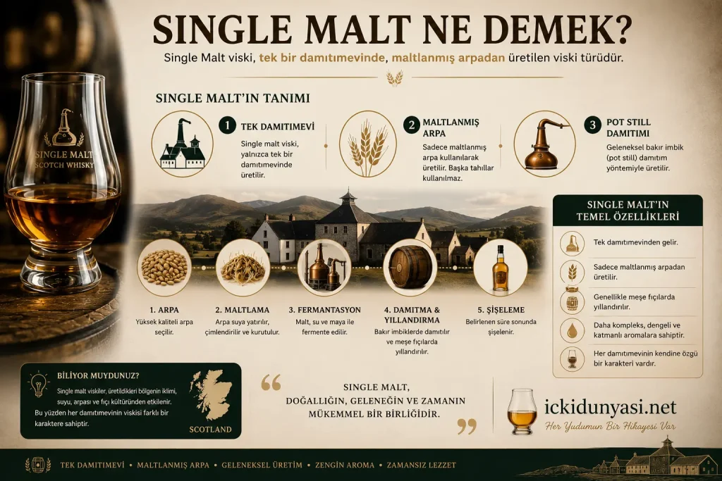 Single Malt Ne Demek? Single Malt Viski Nasıl Tanımlanır? Single malt viskinin tek damıtımevi ve maltlanmış arpa ile üretildiğini gösteren infografik