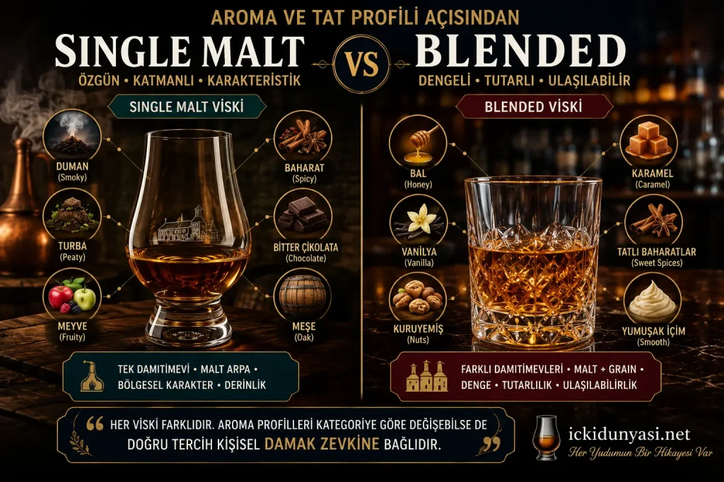 Single Malt ve Blended Viski Aroma Profili Karşılaştırması (2026) Single malt ve blended viski aroma profilleri arasındaki farkları gösteren karşılaştırmalı infografik. Duman, turba, meyve ve baharat notalarıyla öne çıkan single malt viskiler ile bal, vanilya, karamel ve yumuşak içim özelliklerine sahip blended viskiler görsel olarak karşılaştırılmaktadır.