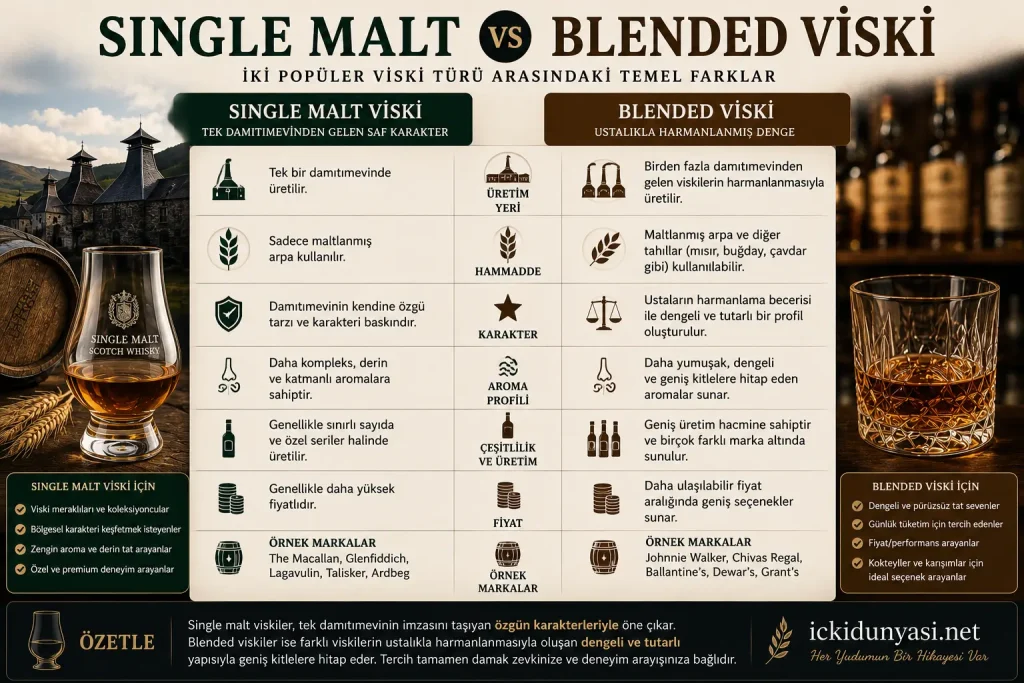 Single Malt ve Blended Viski Arasındaki Farklar Single malt ve blended viski arasındaki üretim ve karakter farklarını gösteren karşılaştırma infografiği