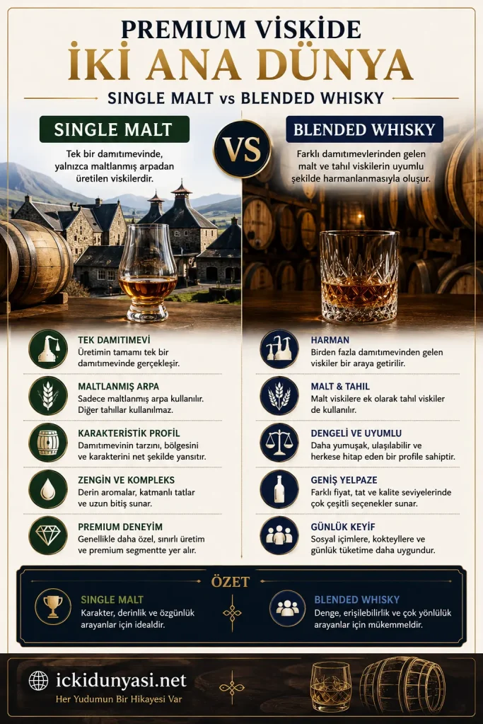 Single Malt ve Blended Viski Farkları: Premium Viski Karşılaştırması Single malt ve blended viski arasındaki farkları gösteren infografik. Üretim yöntemi, kullanılan tahıllar ve karakteristik özellikleri karşılaştıran premium viski rehberi.