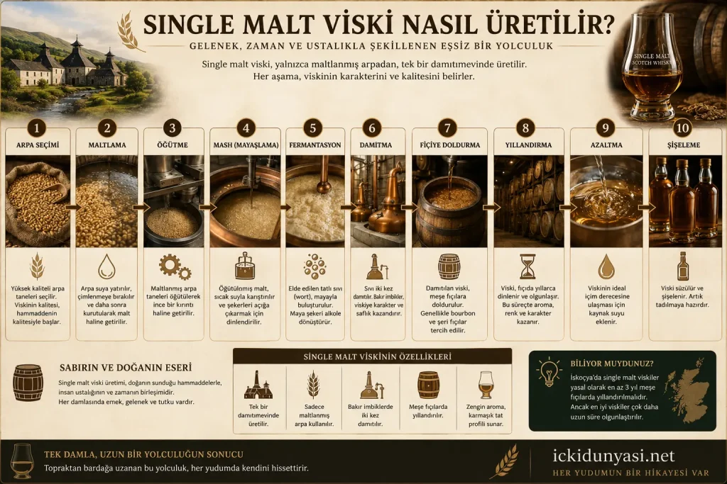 Single Malt Viski Nasıl Üretilir? Single malt viski üretim sürecini gösteren maltlama, fermantasyon, damıtma ve yıllandırma infografiği