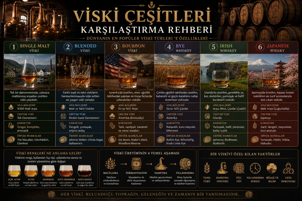 Viski Çeşitleri Karşılaştırma Rehberi | Single Malt, Blended, Bourbon ve Diğer Türler Viski çeşitleri karşılaştırma rehberi, single malt viski, blended viski, bourbon, rye whiskey, Irish whiskey ve Japanese whisky türlerini gösteren detaylı infografik