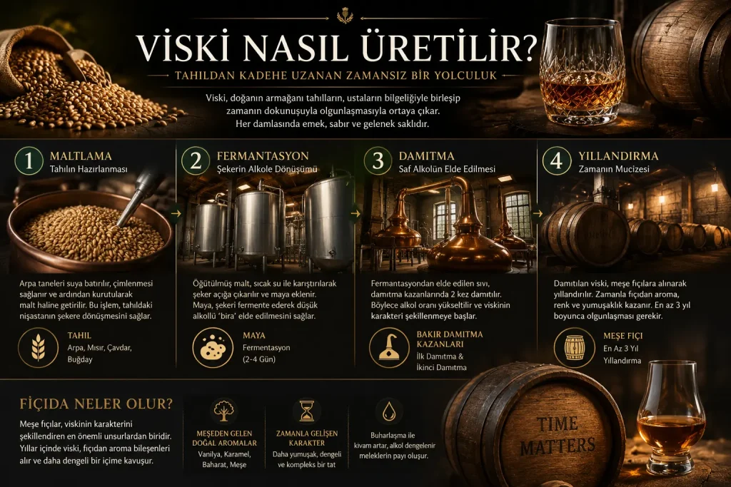 Viski Nasıl Üretilir? Adım Adım Viski Üretim Süreci Viski üretim süreci, maltlama, fermantasyon, damıtma ve meşe fıçıda yıllandırma aşamalarını gösteren görsel