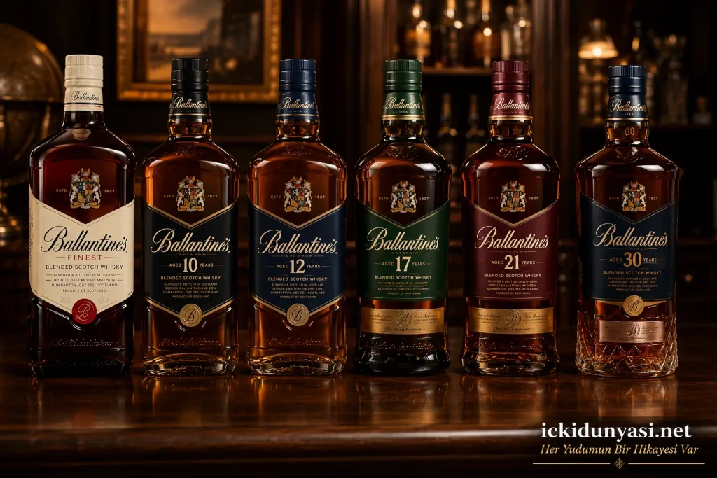 Ballantine's Serileri | Finest, 10, 12, 17, 21 ve 30 Yıllık Ballantine's Finest, 10 Years, 12 Years, 17 Years, 21 Years ve 30 Years viski serilerini gösteren Ballantine's ürün ailesi.