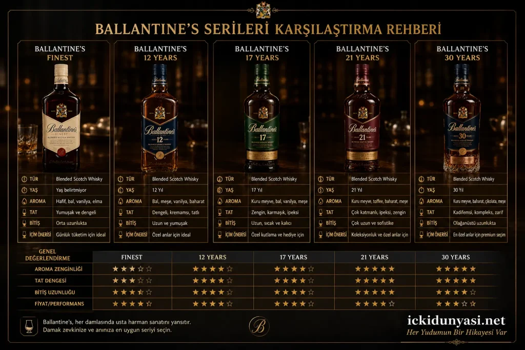 Ballantine's Serileri Karşılaştırma Rehberi | Finest, 12, 17, 21 ve 30 Yıllık Ballantine's Finest, 12 Years, 17 Years, 21 Years ve 30 Years serilerinin aroma, tat ve kullanım alanlarını karşılaştıran Ballantine's serileri infografiği.