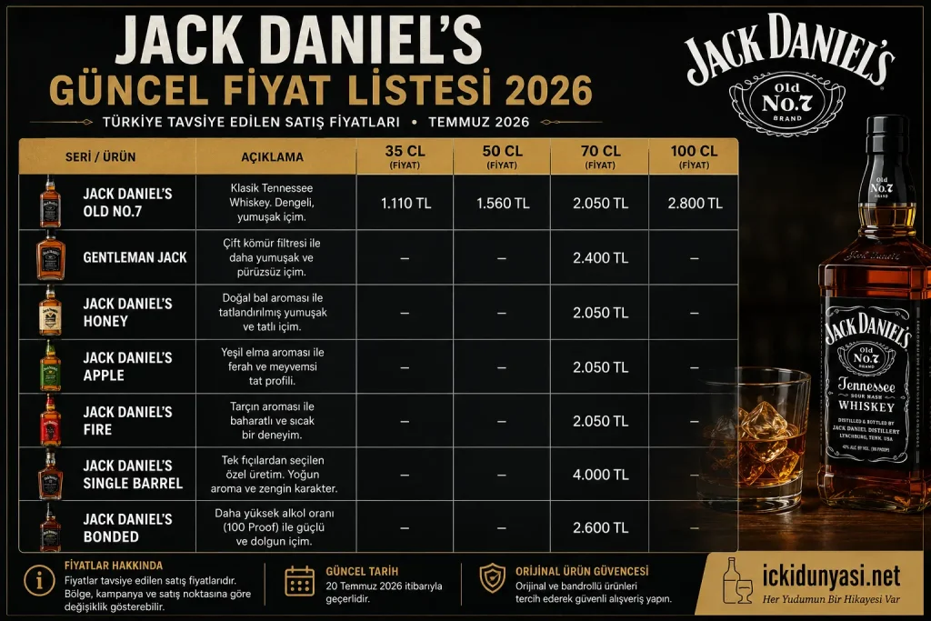Jack Daniel's Güncel Fiyat Listesi 2026 | Türkiye Tavsiye Edilen Satış Fiyatları Jack Daniel's Güncel Fiyat Listesi 2026. Old No.7, Gentleman Jack, Honey, Apple, Fire, Single Barrel ve Bonded serilerinin Türkiye tavsiye edilen satış fiyatları.