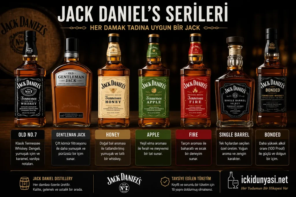 Jack Daniel's Serileri | Old No.7, Honey, Apple ve Single Barrel Karşılaştırması Jack Daniel's serileri karşılaştırması. Old No.7, Gentleman Jack, Honey, Apple, Fire, Single Barrel ve Bonded Tennessee Whiskey çeşitleri.