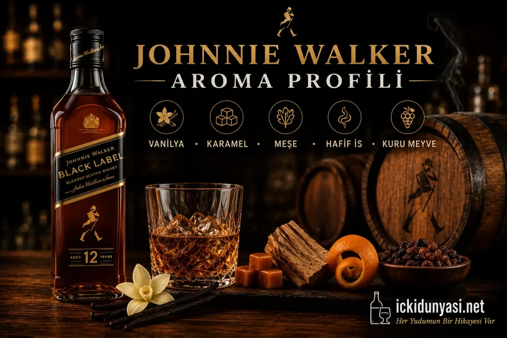 Johnnie Walker Aroma Profili | Black Label Tat ve Aroma Notları Johnnie Walker Black Label aroma profili görseli. Vanilya, karamel, meşe, hafif is ve kuru meyve aromalarını premium tasarımla gösteren görsel.