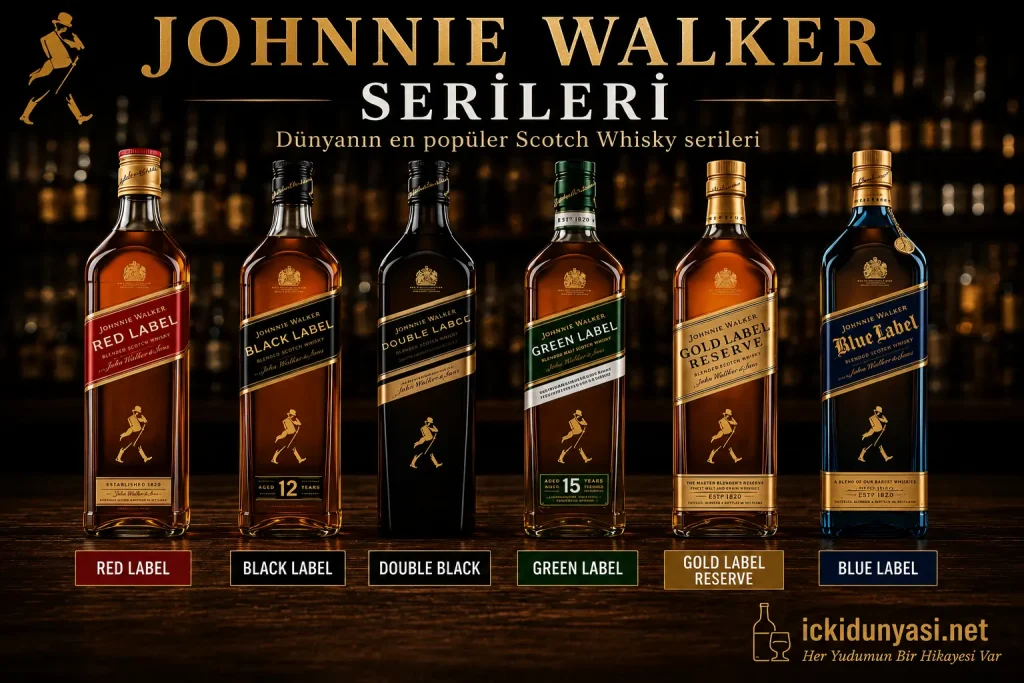 Johnnie Walker Serileri | Red Label, Black Label, Blue Label ve Diğerleri Johnnie Walker serileri görseli. Red Label, Black Label, Double Black, Green Label, Gold Label Reserve ve Blue Label şişelerinin yer aldığı premium ürün ailesi görseli.