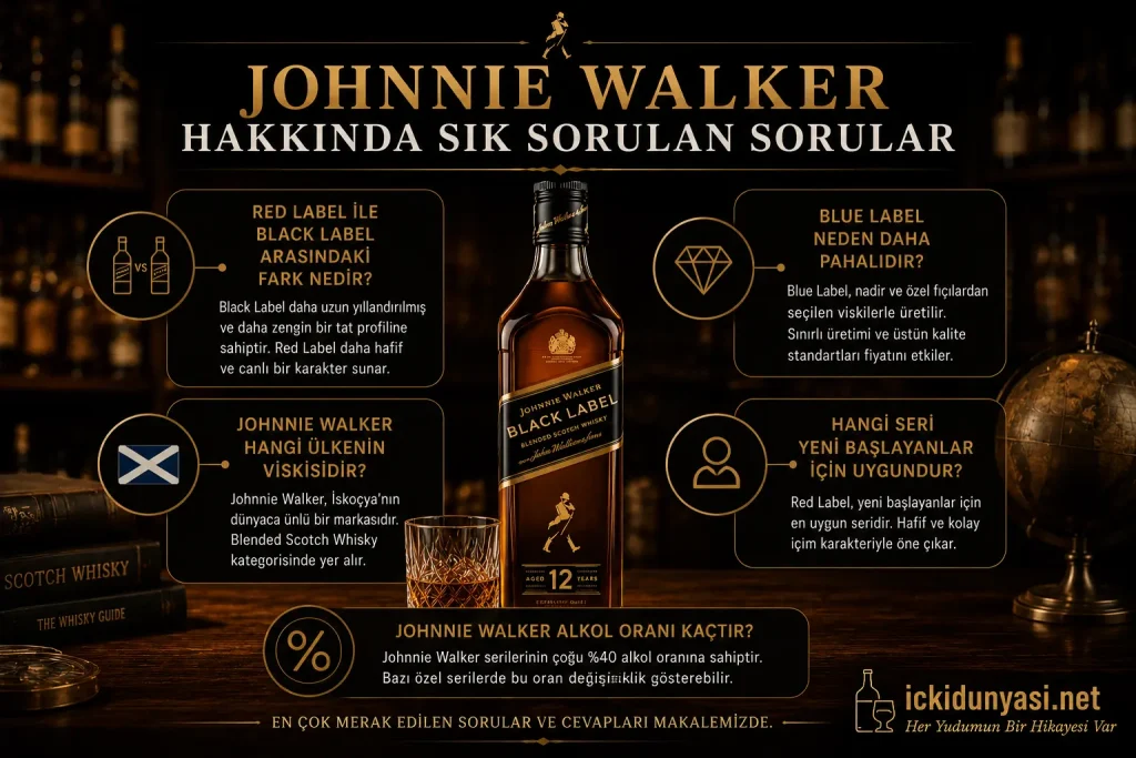Johnnie Walker Hakkında Sık Sorulan Sorular | FAQ Johnnie Walker hakkında sık sorulan sorular görseli. Red Label ve Black Label farkı, Blue Label neden pahalı, Johnnie Walker hangi ülkenin viskisi ve alkol oranı gibi en çok merak edilen konuları içeren bilgilendirici görsel.