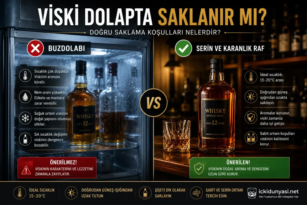 Viski Dolapta Saklanır mı? Doğru Viski Saklama Koşulları Bu infografik, viski dolapta saklanır mı sorusuna görsel olarak cevap vermektedir. Buzdolabında saklama ile serin ve karanlık bir raf ortamı karşılaştırılarak viskinin aromasını, dengesini ve karakterini korumak için önerilen saklama koşulları açıklanmaktadır. İçerik, Viski Nasıl Saklanır? rehberinin bir parçasıdır.