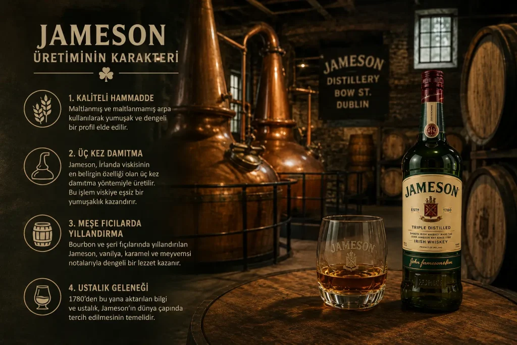 Jameson Viski Üretimi – Üç Kez Damıtma ve Meşe Fıçıları Jameson viski üretimi üç kez damıtma ve meşe fıçılarda olgunlaştırma