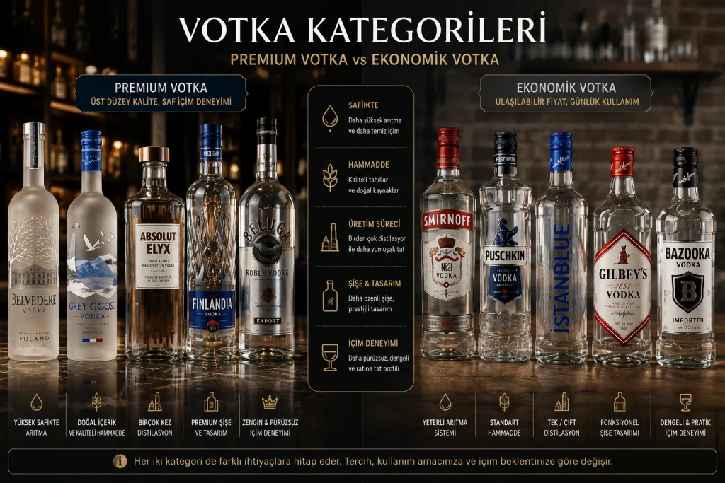 Premium ve Ekonomik Votka Karşılaştırması Premium ve ekonomik votka arasındaki farkları gösteren karşılaştırma görseli
