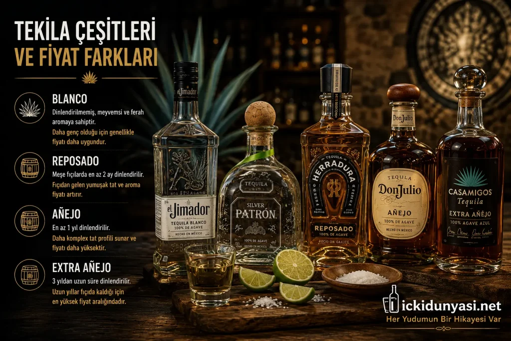 Tekila Çeşitleri ve Fiyat Farkları Blanco Reposado Añejo ve Extra Añejo tekila çeşitleri ve fiyat farkları