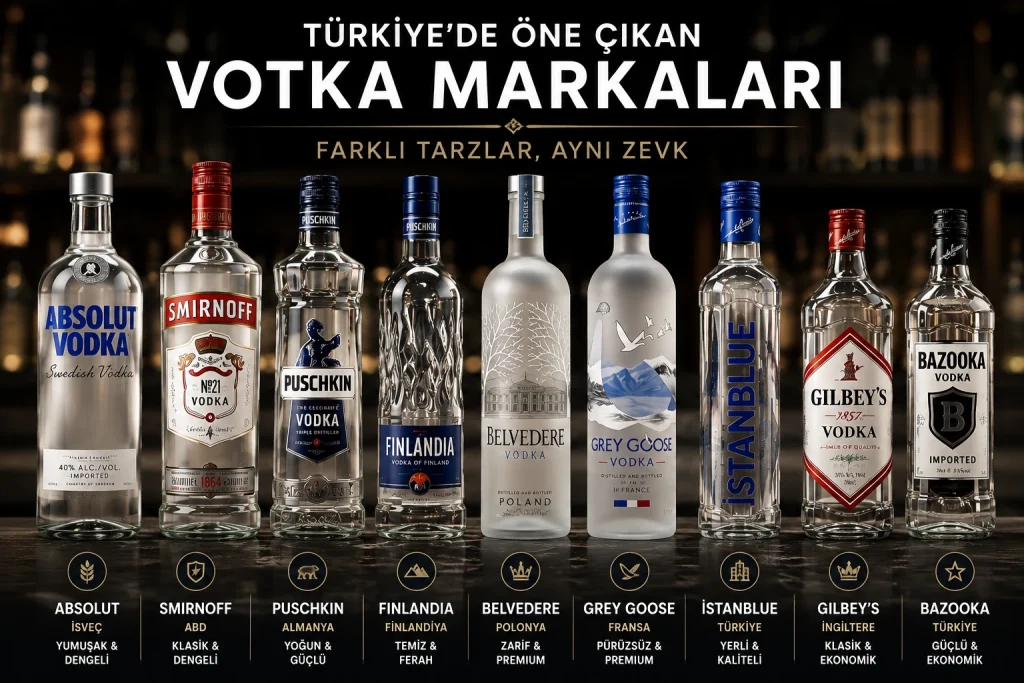 ürkiye'de Öne Çıkan Votka Markaları Türkiye'de öne çıkan votka markaları Absolut Smirnoff Puschkin Finlandia Belvedere Grey Goose